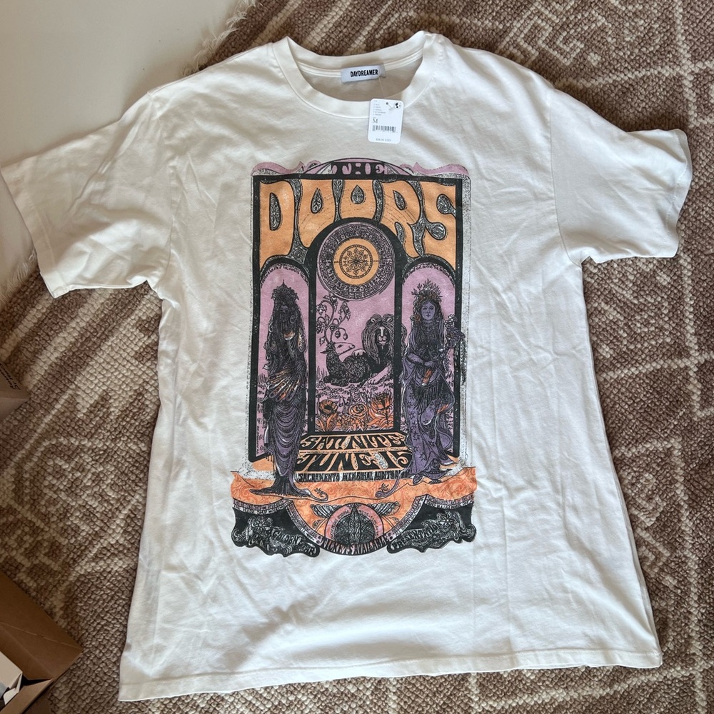 Free People Daydreamer White Short Sleeve Long Tee with Vintage Graphic logo